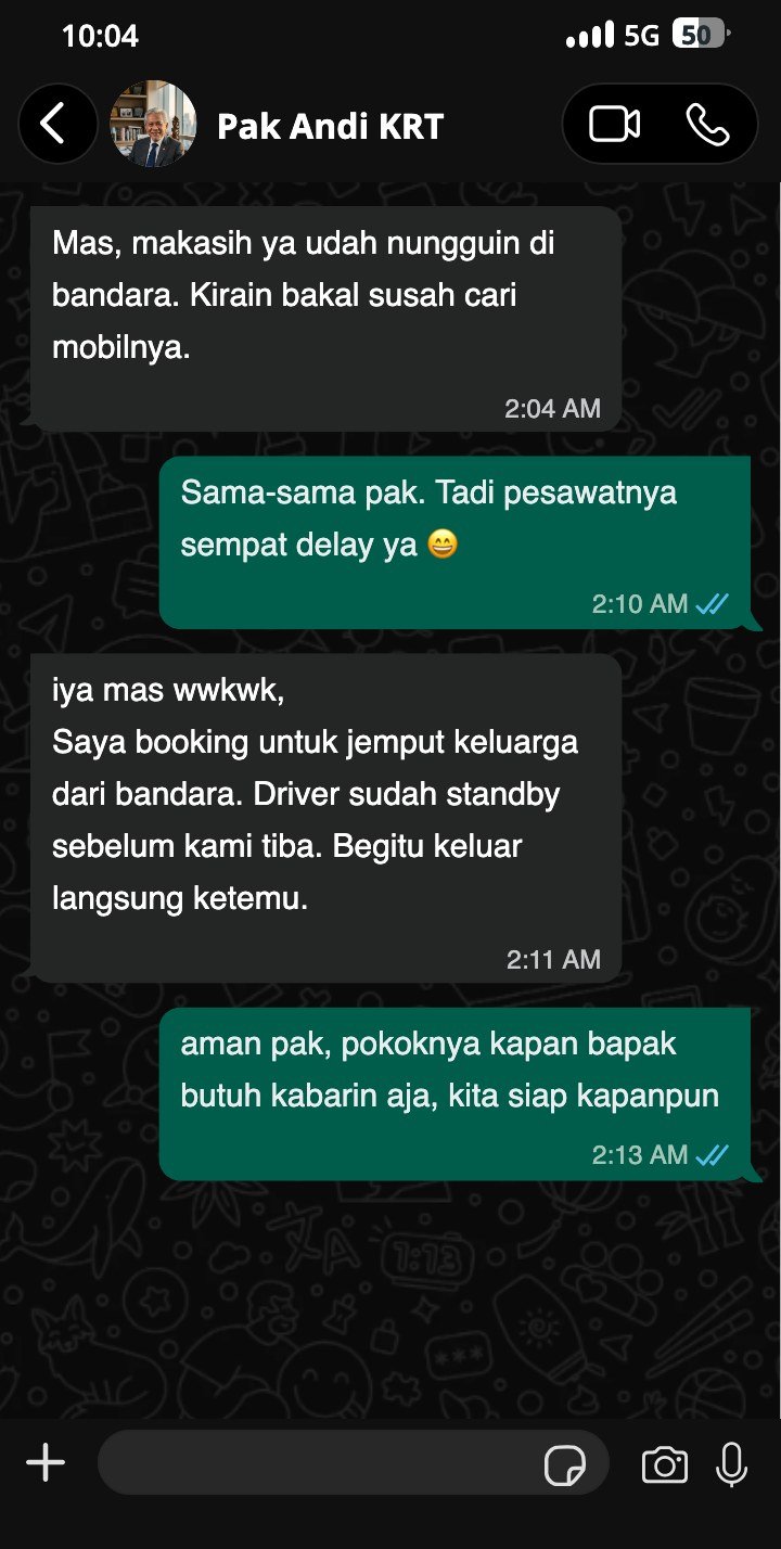 Testimoni WhatsApp dari Pak Andi, penjemputan bandara